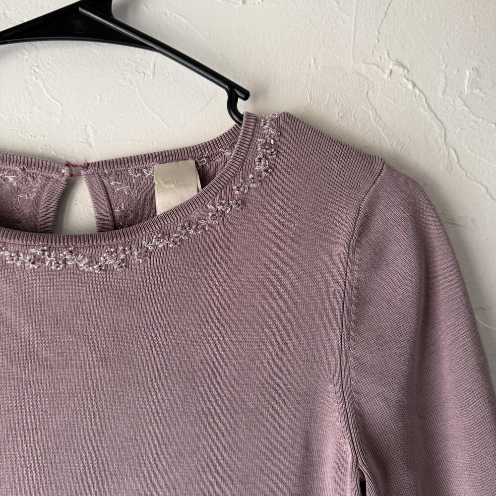 Ann Taylor Y2k Fairy Purple Silk Blend Beaded Floral Short Sleeve Knit Top Small